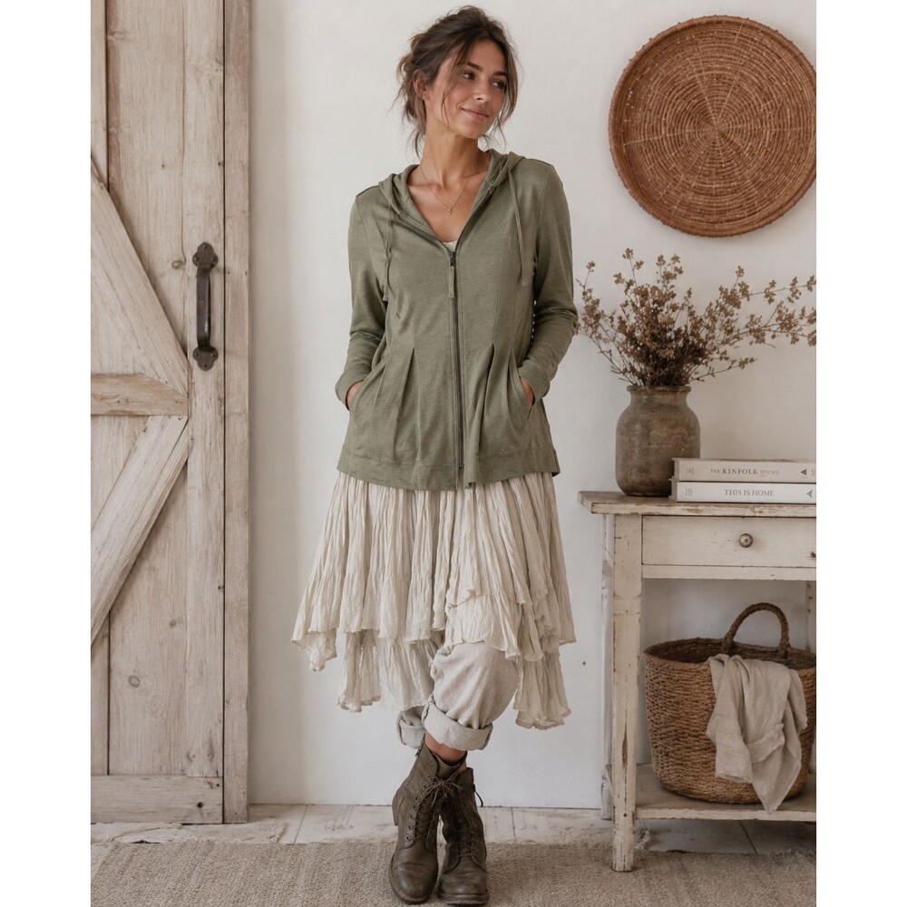 LOGO Lounge Hooded Zip Front Swing Tunic Top Olive Green Long Sleeve Pockets XS